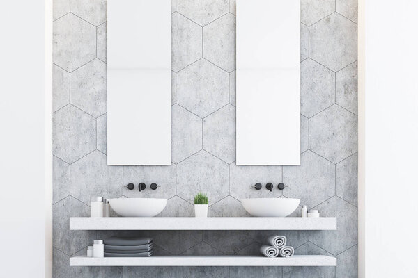 Gray bathroom with two sinks