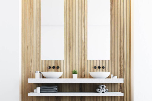 Wooden bathroom with two sinks