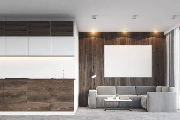 Wohnzimmer und Küche aus dunklem Holz — Stockfoto