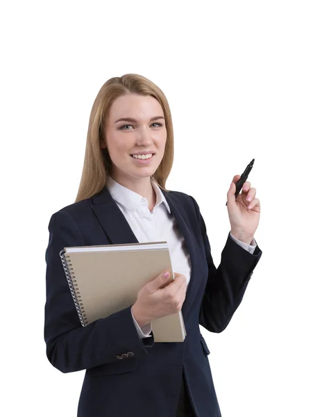 Mujer de negocios rubia sonriente con un marcador aislado —  Fotos de Stock