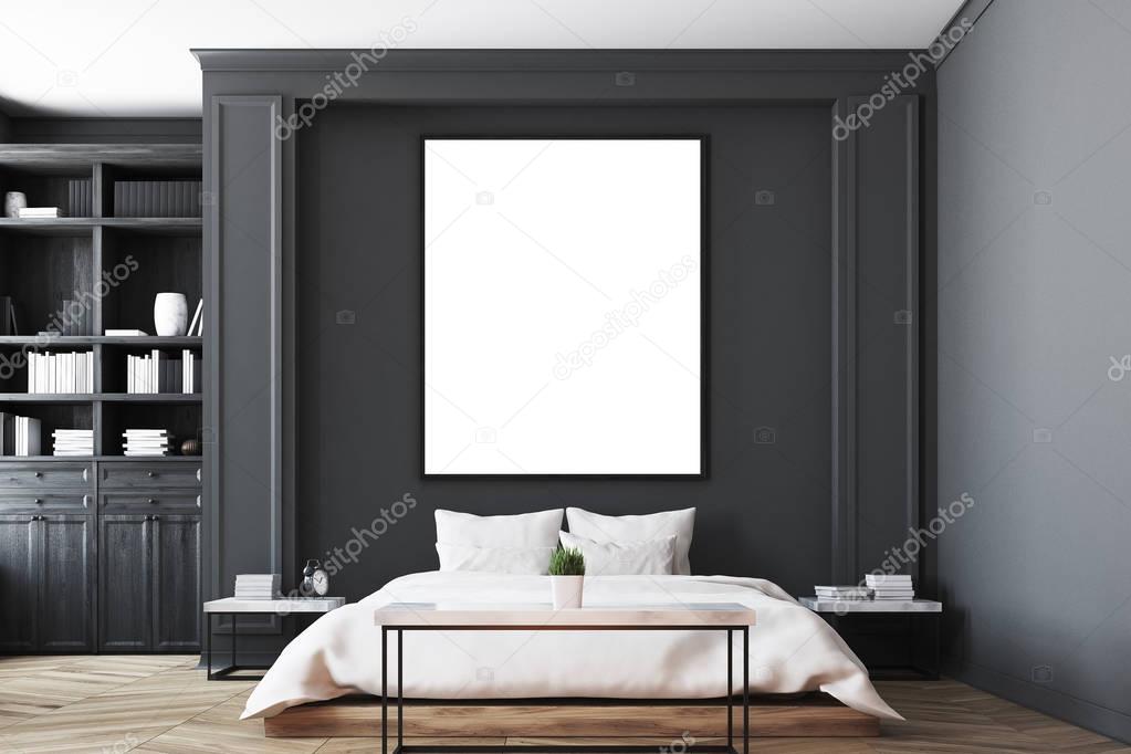 Black bedroom interior, poster close up