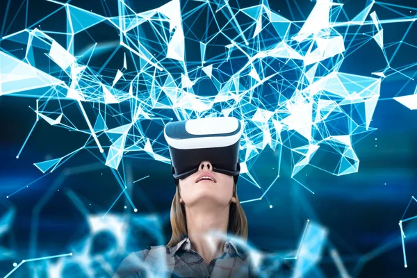 Girl in VR glasses looking up, blue lines — Stock Photo, Image