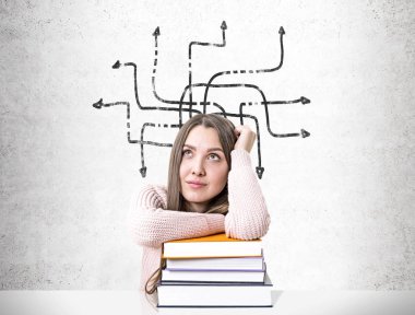 Bir yığın kitap, ok labirent ile rüya gibi öğrenci