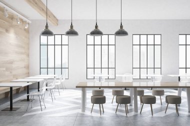 Masalar, sandalyeler, yuvarlak sahip kafe yan raflar