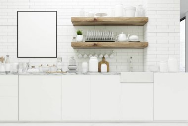 Posteri, raflar ile beyaz mutfak