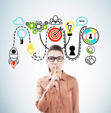 Siyah saçlı kadın sus işareti yaparak başlamak yukarıya