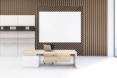 Tahta ofis bir poster ve kütüphaneler