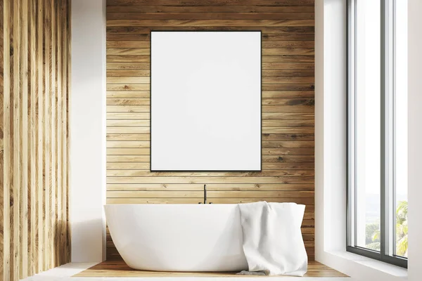 Белая ванна, деревянная комната, плакат, фронт — стоковое фото