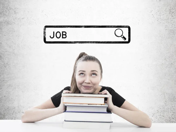 Dreamy blond girl with books, job search — Stock Photo, Image
