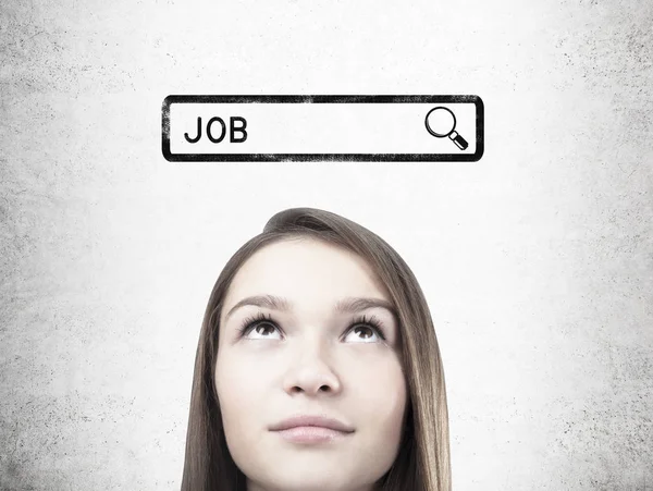 Sonhador adolescente menina s cabeça com uma barra de busca de emprego — Fotografia de Stock