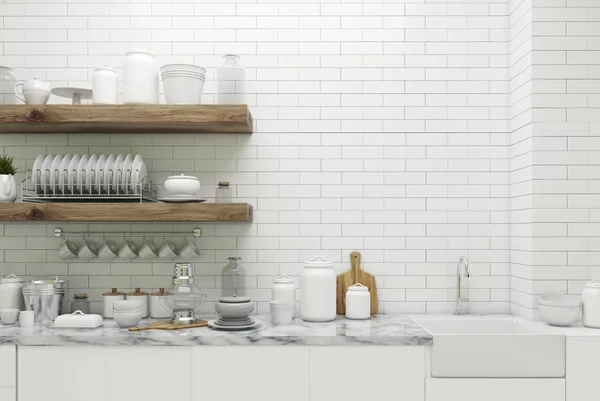 Cozinha em tijolo branco com prateleiras — Fotografia de Stock