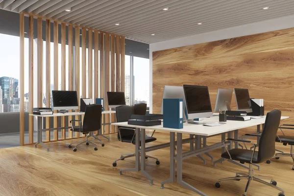 Wooden office interior, computers