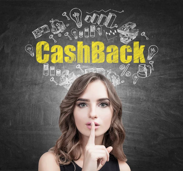 Golvend haar vrouw maken hush teken, cashback — Stockfoto