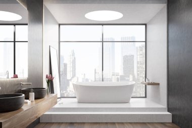 Beyaz küvet, beyaz oda, pencere, ön