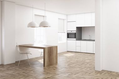 Beyaz mutfak, ahşap zemin yan