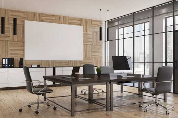 Meeting room interior with computer and poster — Stock Photo, Image