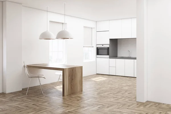 Beyaz mutfak, ahşap zemin yan — Stok fotoğraf