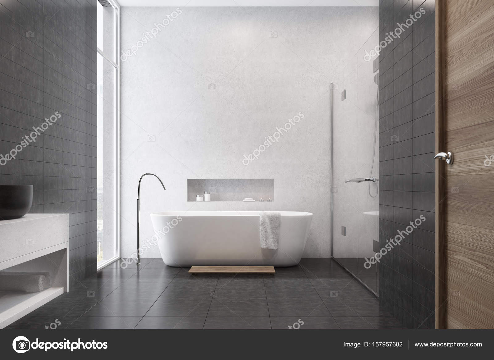 Vitt badrum, svart kakel, diskbänk — stockfotografi ...