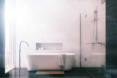 Beyaz banyo, siyah kare, tonda duş