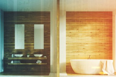 Ahşap banyo, iki lavabo, tonda posterler