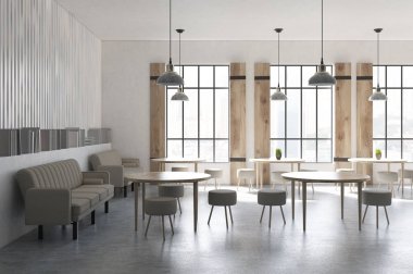 Cafe ile yuvarlak masa, posterler, yan raflar