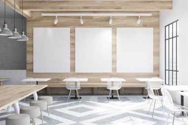 Cafe masa, yuvarlak sandalye, posterler ile