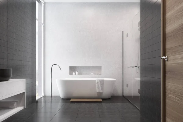 Beyaz banyo, siyah fayans, lavabo — Stok fotoğraf