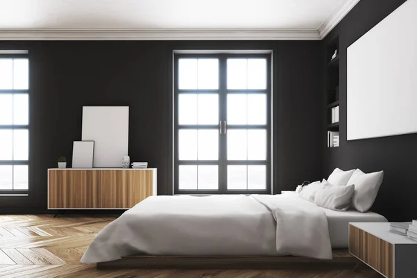 Czarne wnętrze sypialni, plakat, po stronie — Zdjęcie stockowe