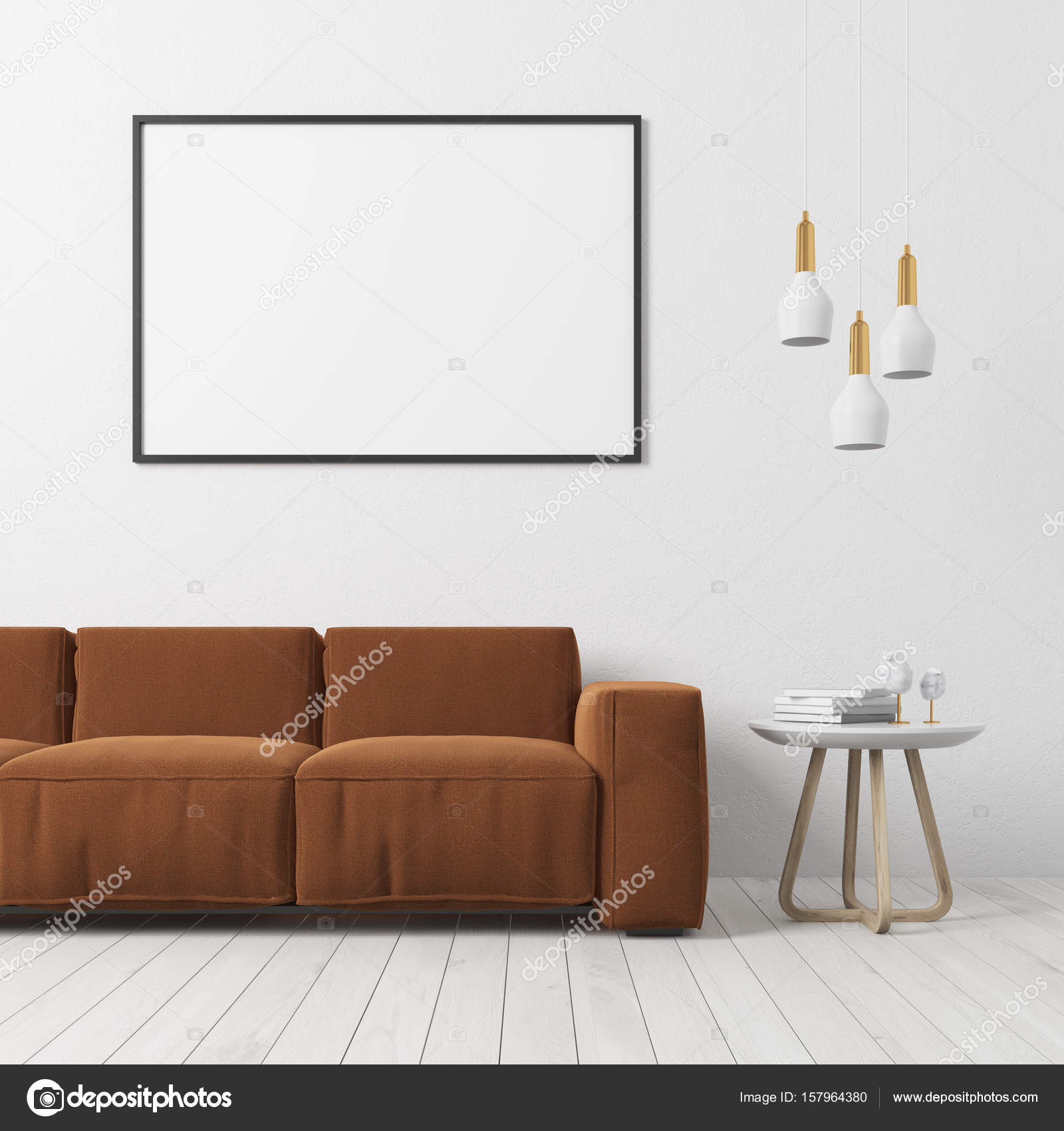 Wit woonkamer, bruin sofa, poster — Stockfoto © denisismagilov ... Wit woonkamer, bruin sofa, poster — Stockfoto © denisismagilov ...