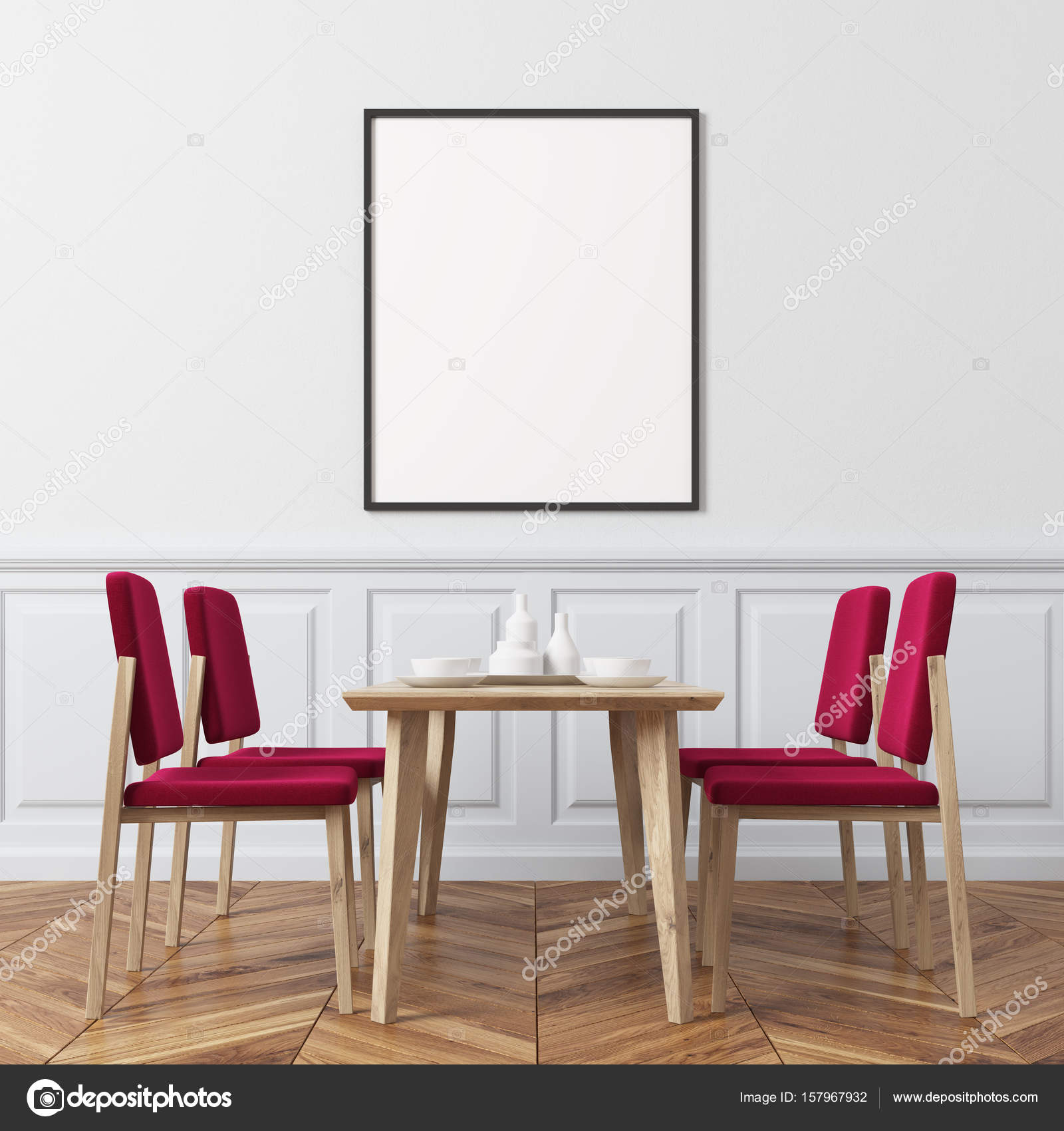 Weiße Wand Rote Esszimmerstühle Stockfoto