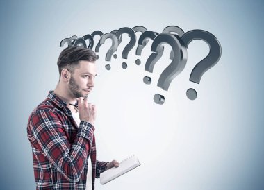 Sakallı adam ve gri soru işaretleri