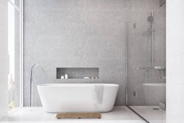 Gri banyo, beyaz fayans, duş