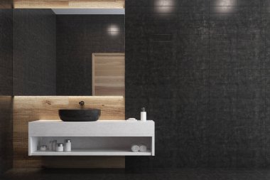 Siyah banyo, beyaz raf, siyah lavabo