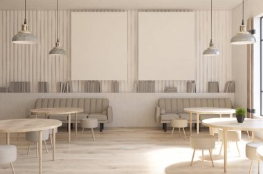Cafe yuvarlak masalar, posterler, raflar
