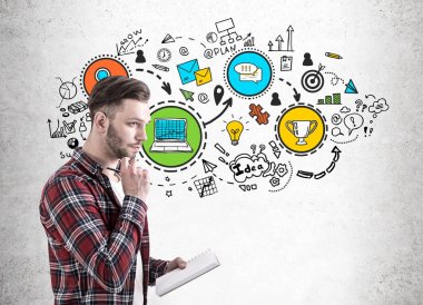 Bir defterini ve kalem, kupa sakallı adamı