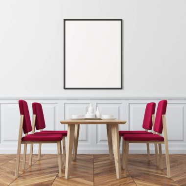 Beyaz duvar yemek odası, kırmızı sandalye