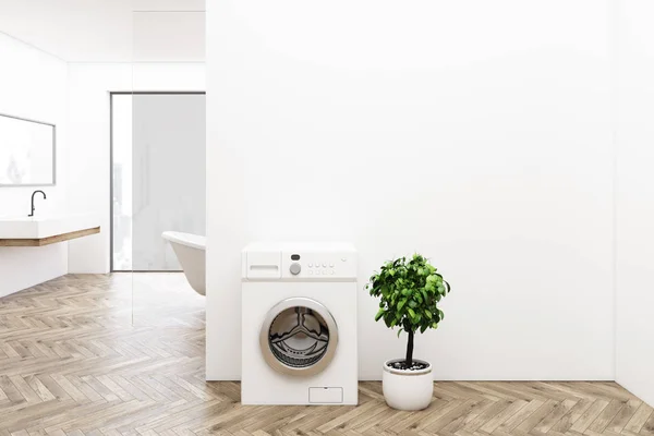 Houten vloer badkamer, wasmachine — Stockfoto