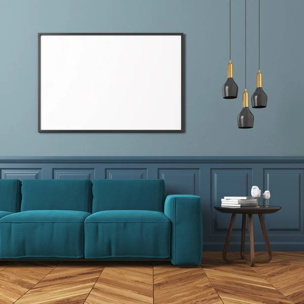 Grijze woonkamer, blauwe sofa — Stockfoto