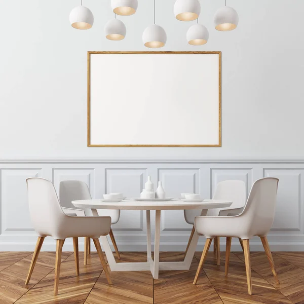 Sala de jantar de parede branca, cadeiras brancas — Fotografia de Stock
