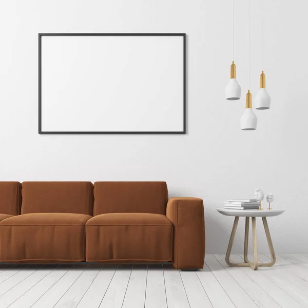 Weißes Wohnzimmer, braunes Sofa, Poster — Stockfoto