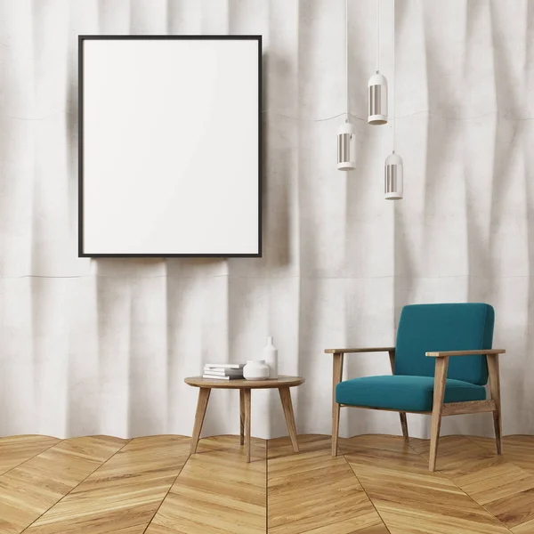 Branco texturizado parede sala de estar, poltrona azul — Fotografia de Stock