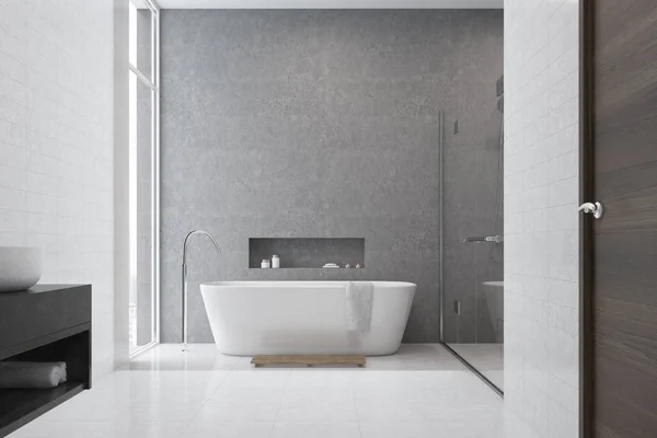 Bagno grigio, piastrelle bianche, lavabo bianco — Foto Stock