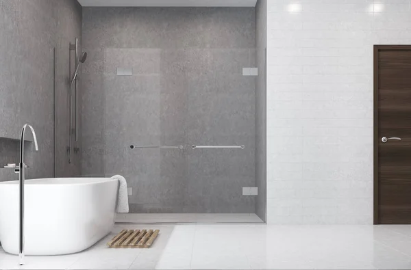 Gray bathroom, white tiles, shower side — Stock Photo, Image