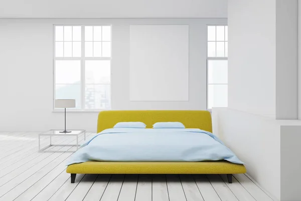 Žlutá postel bílá podlaha, plakát — Stock fotografie