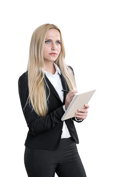 Retrato de una mujer rubia con un copybook, aislado —  Fotos de Stock