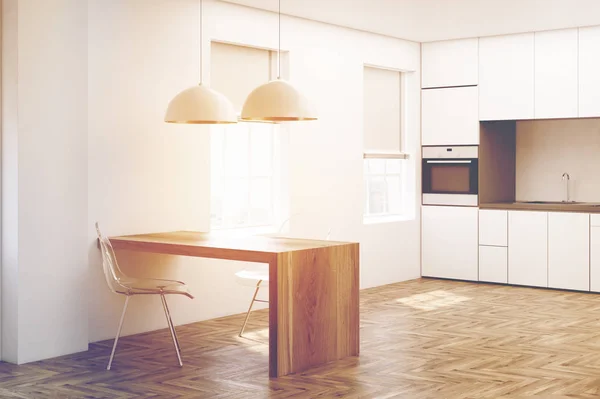 White kitchen, wooden floor side toned — Stock Photo, Image