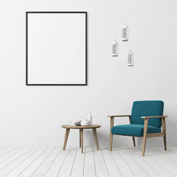 Sala de estar piso blanco, sillón azul — Foto de Stock