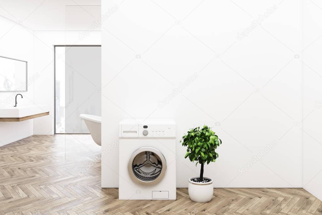 Wood floor bathroom, washing machine