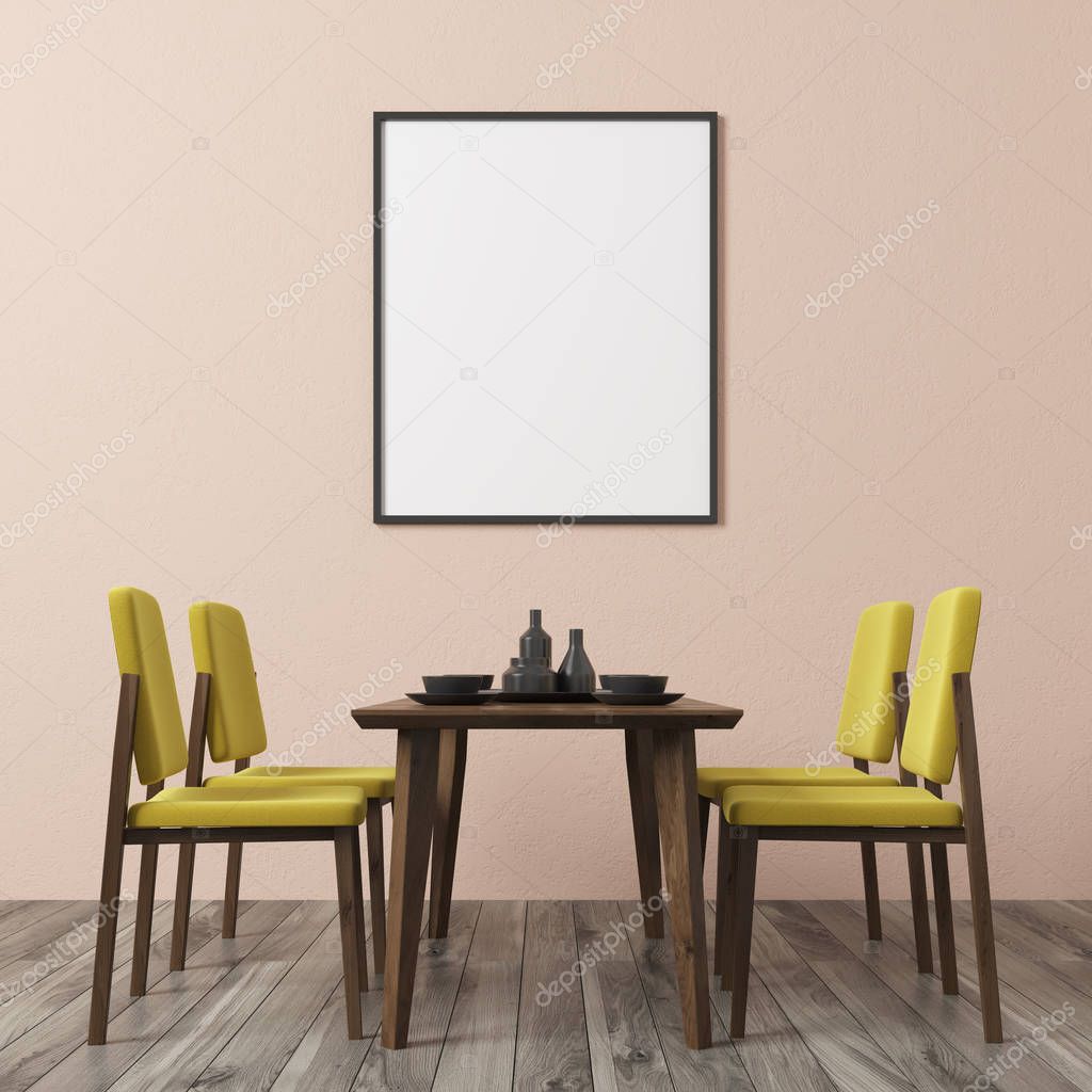 Beige wall dining room, yellow chairs