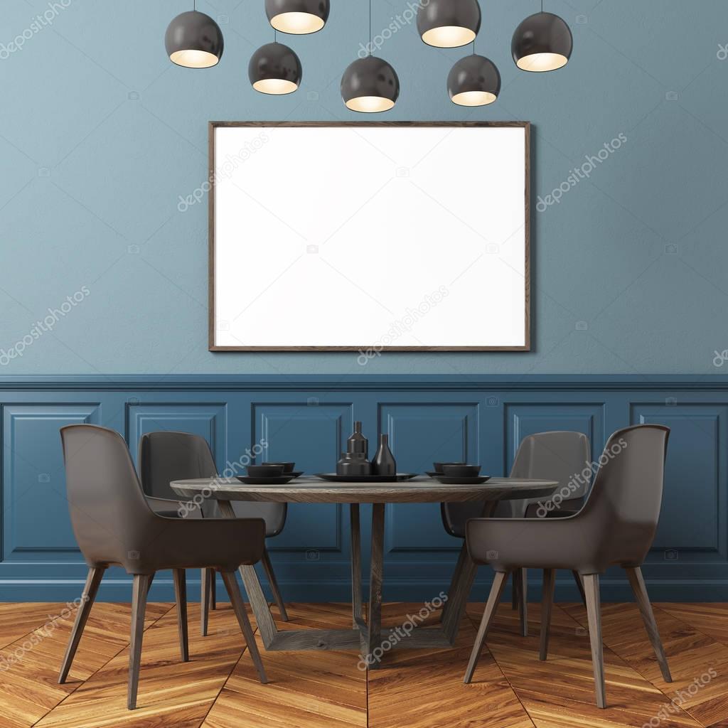 Blue wall dining room, black chairs